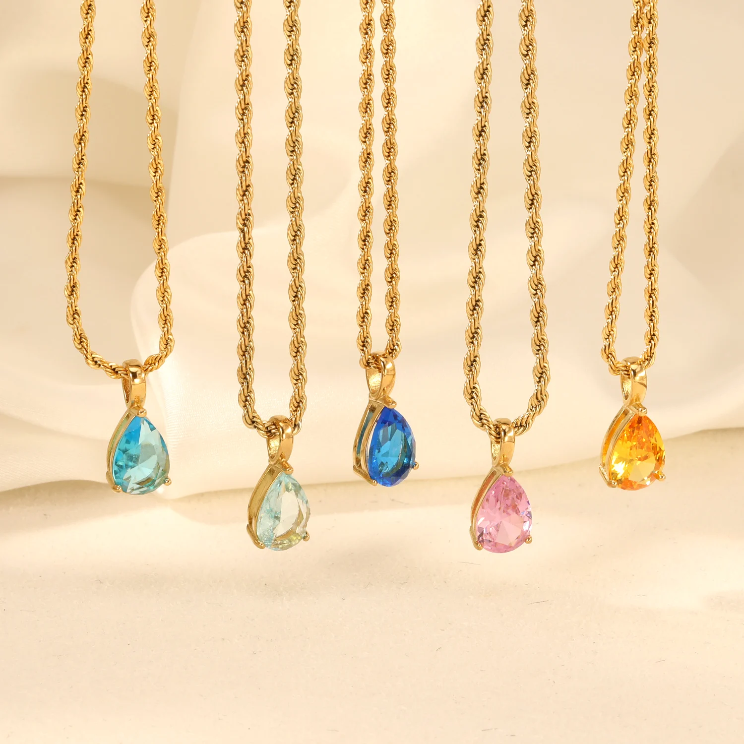 LUXUKISSKIDS Vintage CZ Water Tear Drop Zirconia Pendant Necklace Stainless Steel Colorful Pink Crystal Choker y2k Girl Jewellry