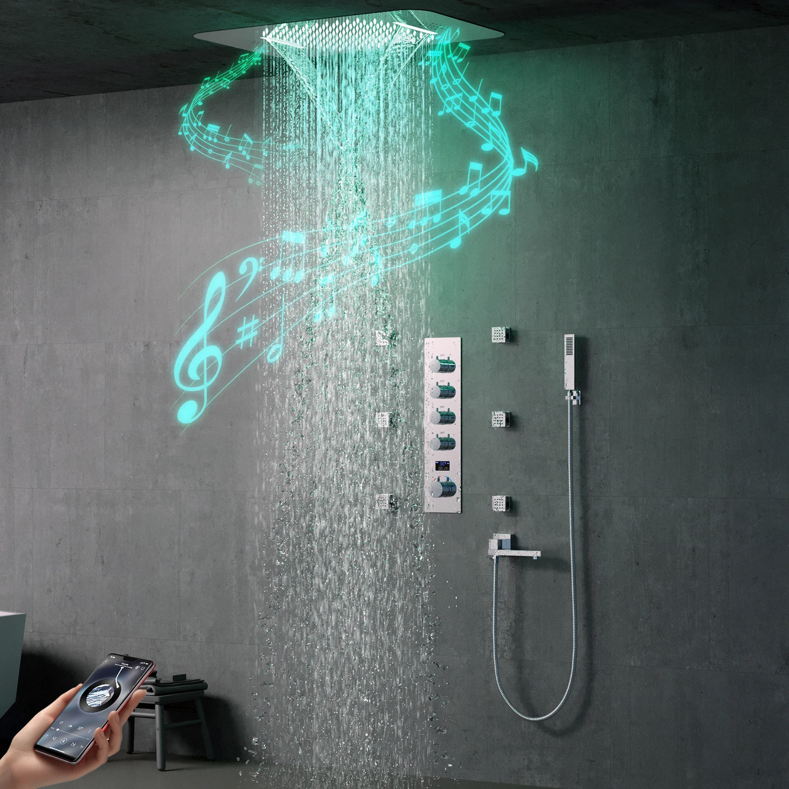 Chrome Ceiling 23*15inch Music LED Shower Head Cold and Hot Bathroom with LED Temperature Display Shower Faucet Set