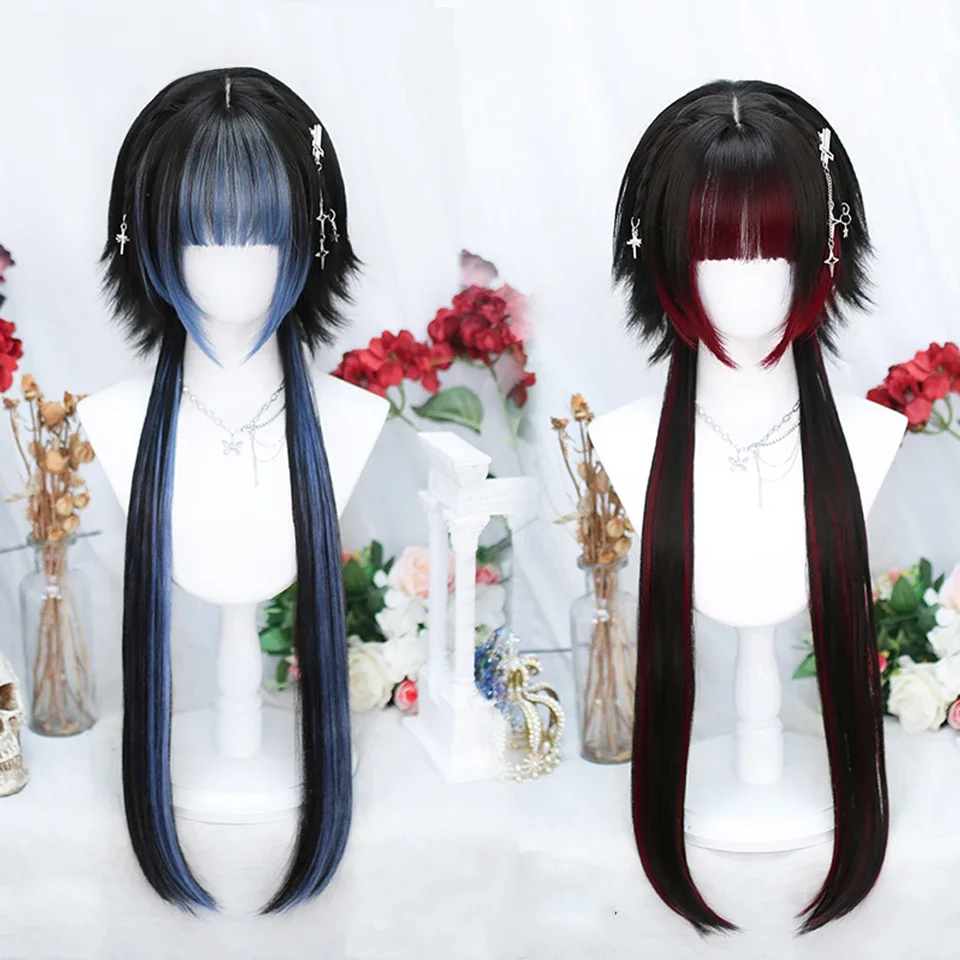 AOSIWIG Y2k – perruque synthétique longue et lisse, Lolita Harajuku avec frange, cheveux de fête Cosplay quotidiens noirs et bleus