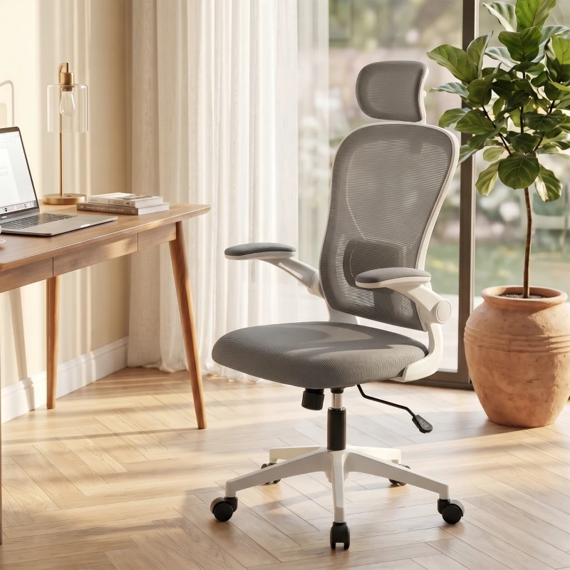 Chaise de bureau ergonomique, chaise de bureau avec accoudoirs rabattables, support lombaire réglable, gris