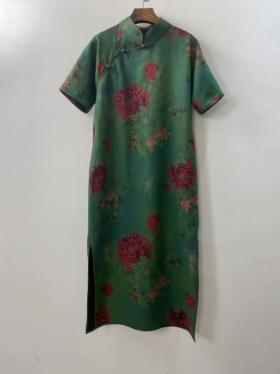 Women Improved Cheongsam Short Sleeve Chinese Buckle Design Dress Vintage Green Long Skirt