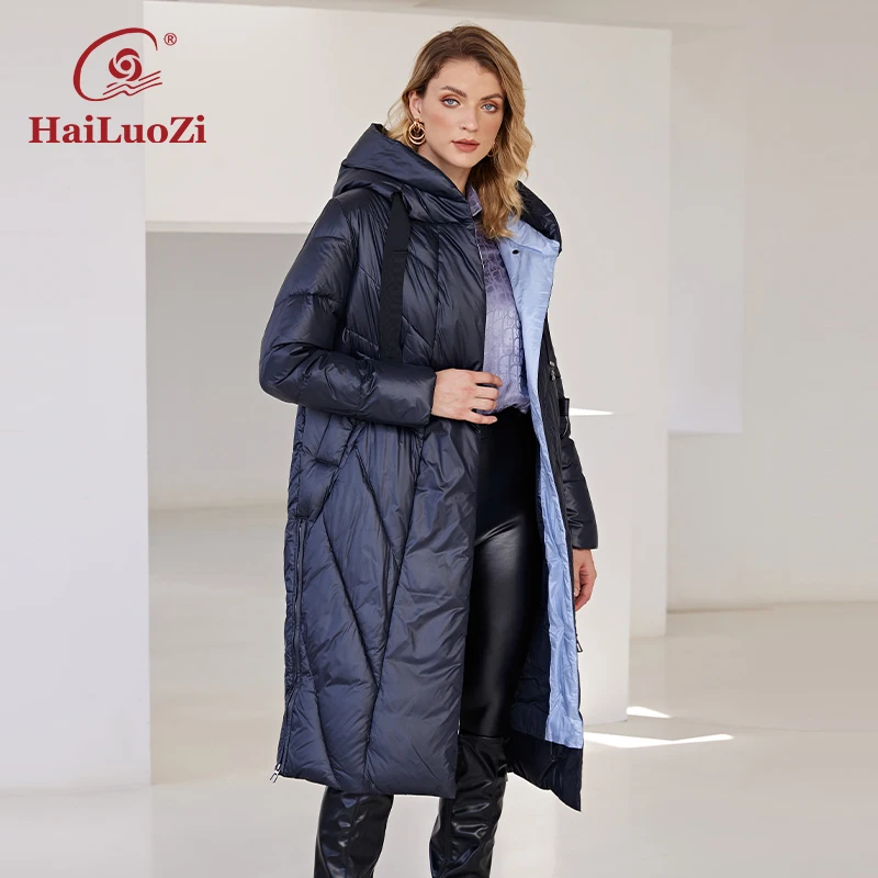 HaiLuoZi 2022 New Women\'s Winter Jacket Slanted placket Lengthen Warm Windproof Hooded Casual Bio-Cotton Parka Women Coat 6032