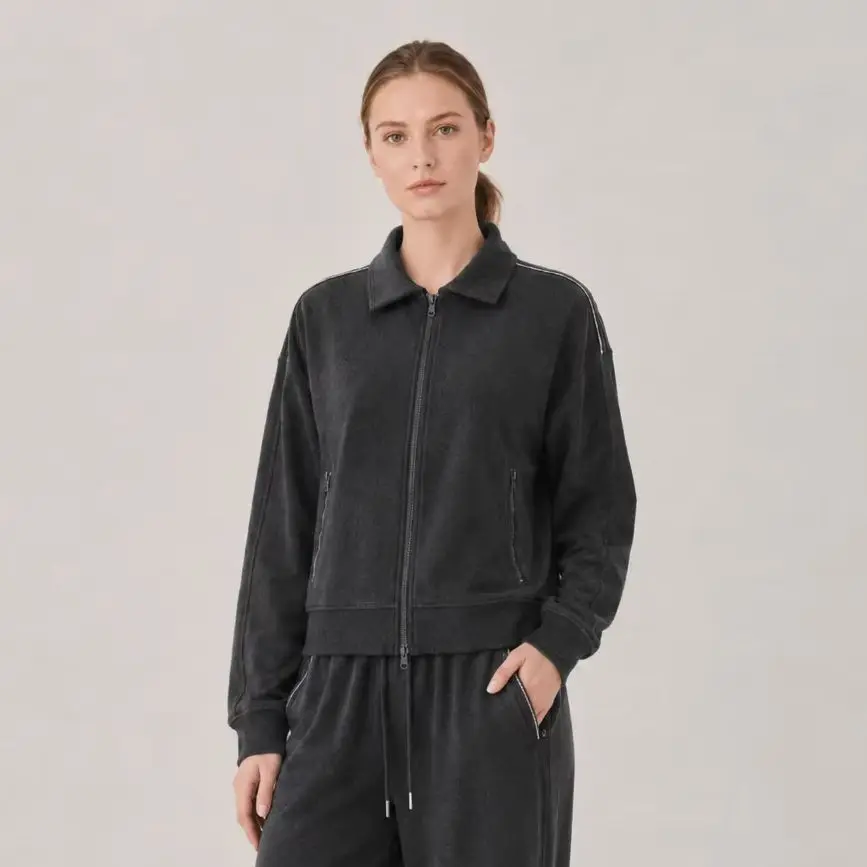 KW7523320 Women's Cotton Blend Zip-Up Track Jacket Long Sleeve Collared Neck with Side Pockets for Fall