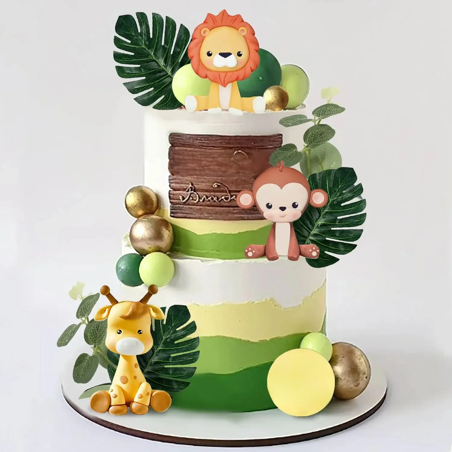 Décoration de gâteau animal Jungle Safari avec boules colorées, feuilles de Plam, décoration de gâteau pour filles et garçons, thème sauvage, fête d'anniversaire pour bébé