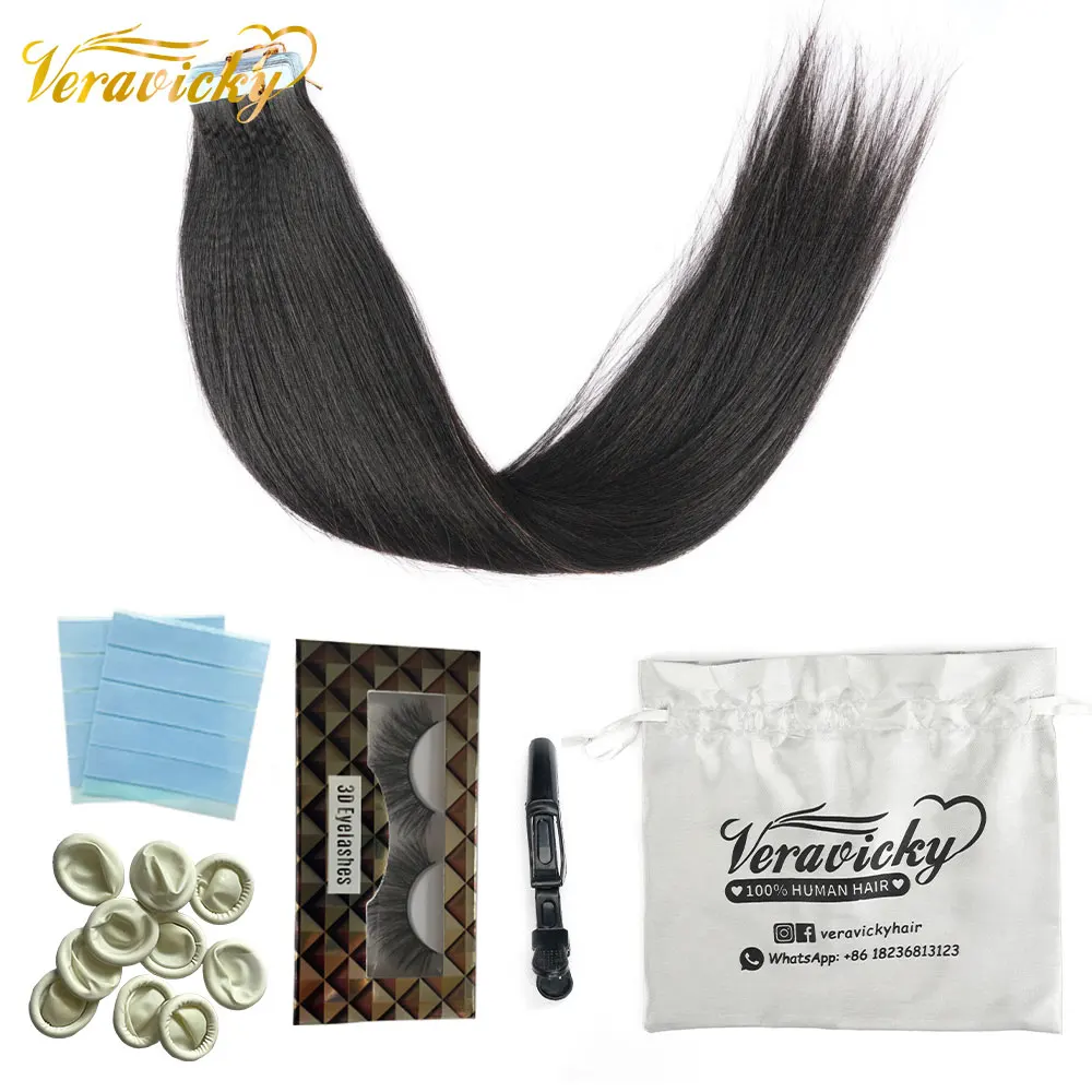 Veravicky-extensiones de cinta Yaki Light, cabello humano Remy negro Natural de 50g-200g, tejido de seda Yaki, cinta recta HGT Ins de 14-24 pulgadas