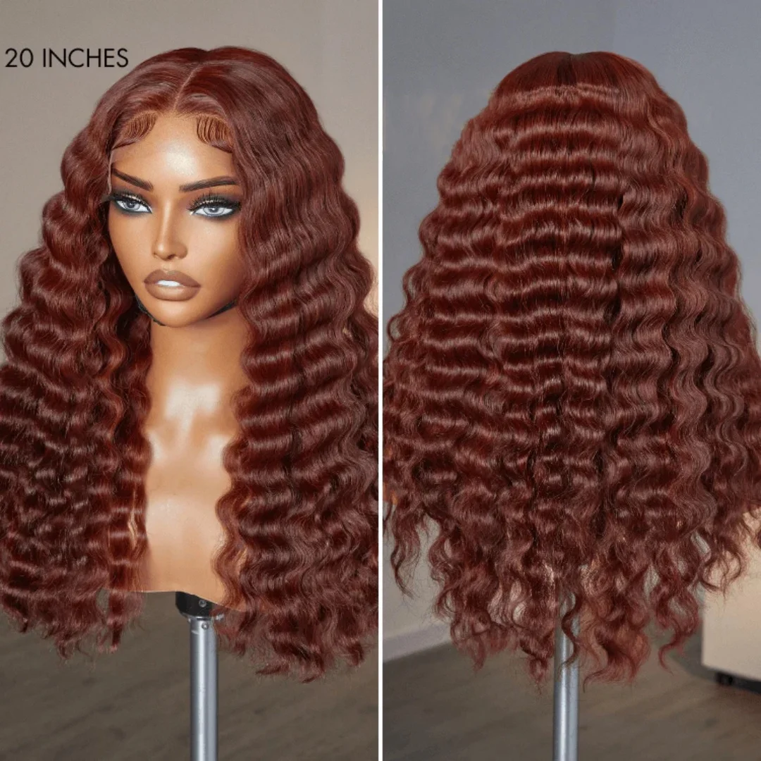 13x4 HD Lace Frontal Wig 40 Inch Brazilian Deep Wave Glueless Lace Wig in Dark Reddish Brown with 7x5 Closure Human Hair Wig