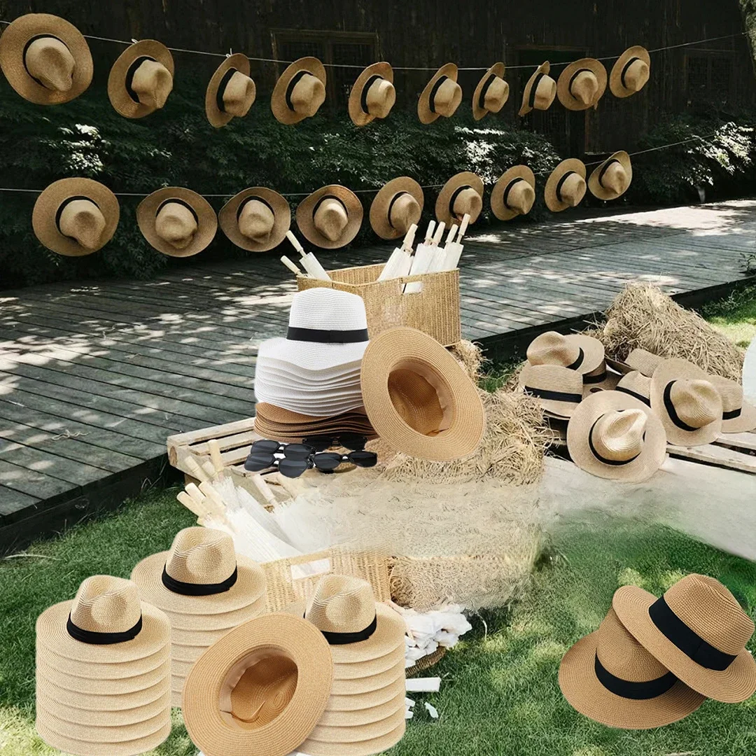 6-36 szt. Unisex Kapelusz Słomkowy dla Gości Prezent na Ślub Kapelusze Przeciwsłoneczne na Plażę Kapelusze Havana Upominki na Przyjęcia Kapelusz Panama Kapelusz Fedora Słomkowy na Wieczór Panieński — zdjęcie 2