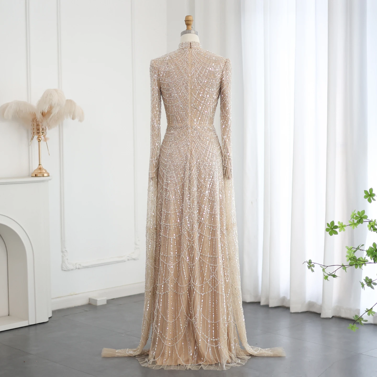 Sharon Said Luxuriöse Dubai Salbeigrüne Muslimische Abendkleider mit Cape-Ärmeln und Hohem Kragen für Arabische Hochzeitsfeier SS630 Maßanfertigung – Detail 12