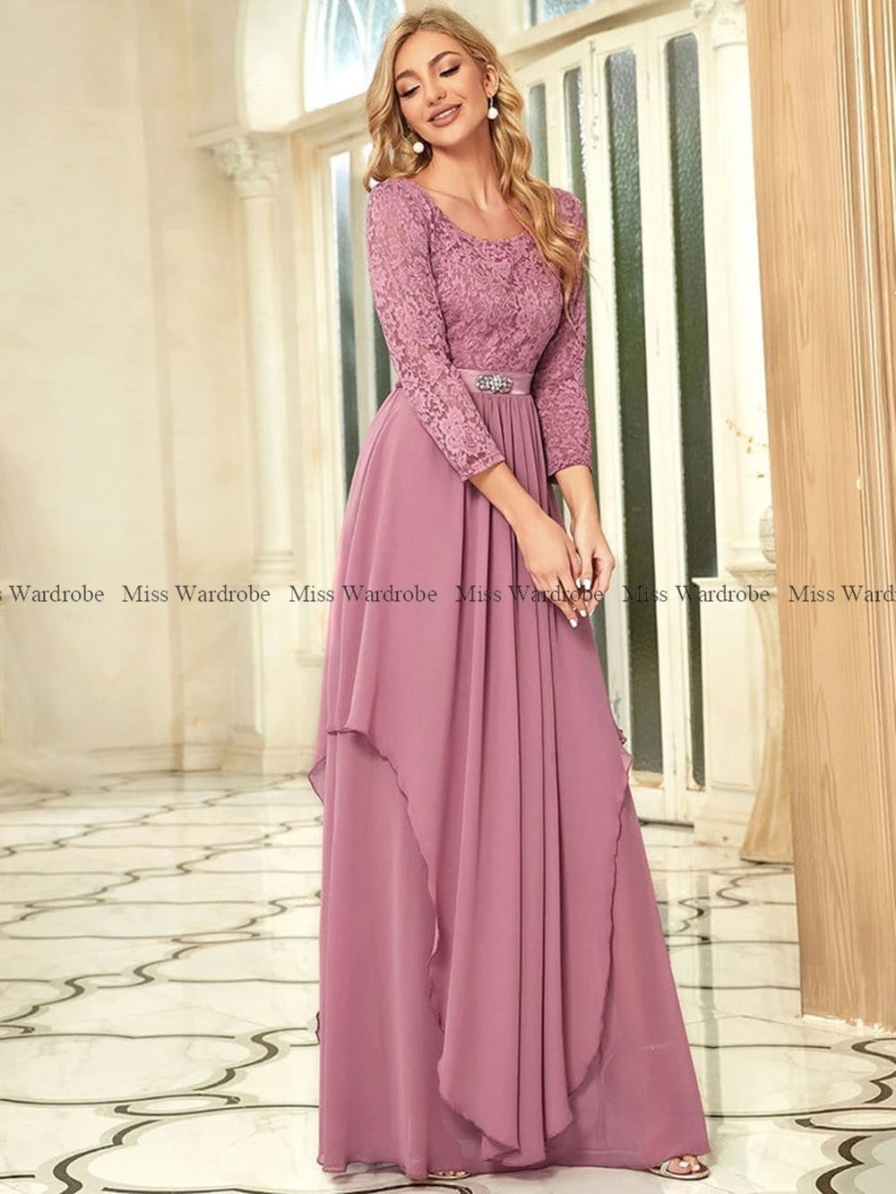 Elegante Lavendel Spitze Brautjungfer Kleid Schaufel 3/4 Langarm asymmetrische Chiffon formale Abend party Boden länge