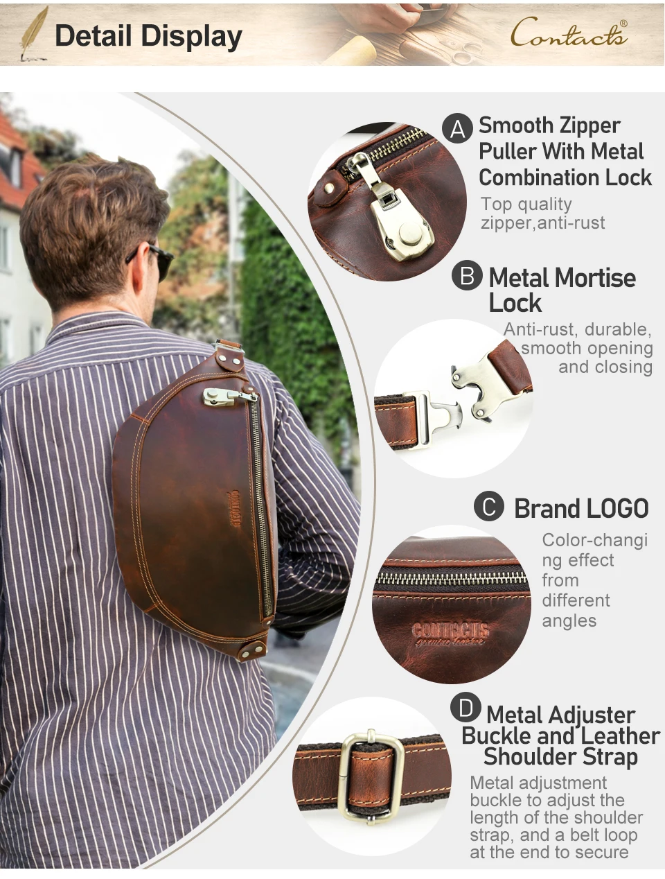 CONTACT'S Echte Leder-Hüfttasche für Herren, Reise-Bauchtasche mit Zahlenschloss, Kleine Brusttasche für Alltag & Reisen – Detail 12