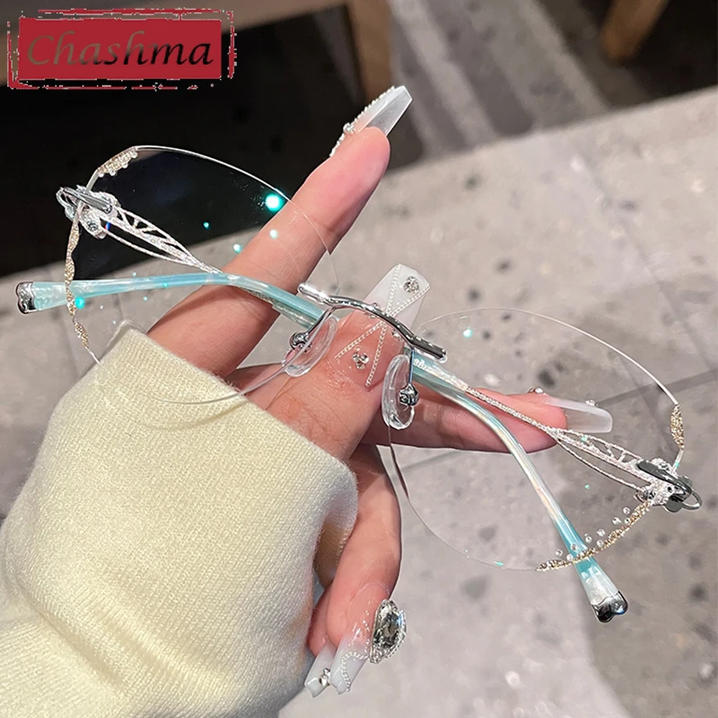 

Chashma Prescription Glasses Titanium Women Cat Eye Fashion Eyeglasses Diamond Trim Rimless Eyewear for Tint Color Recipe Lenses