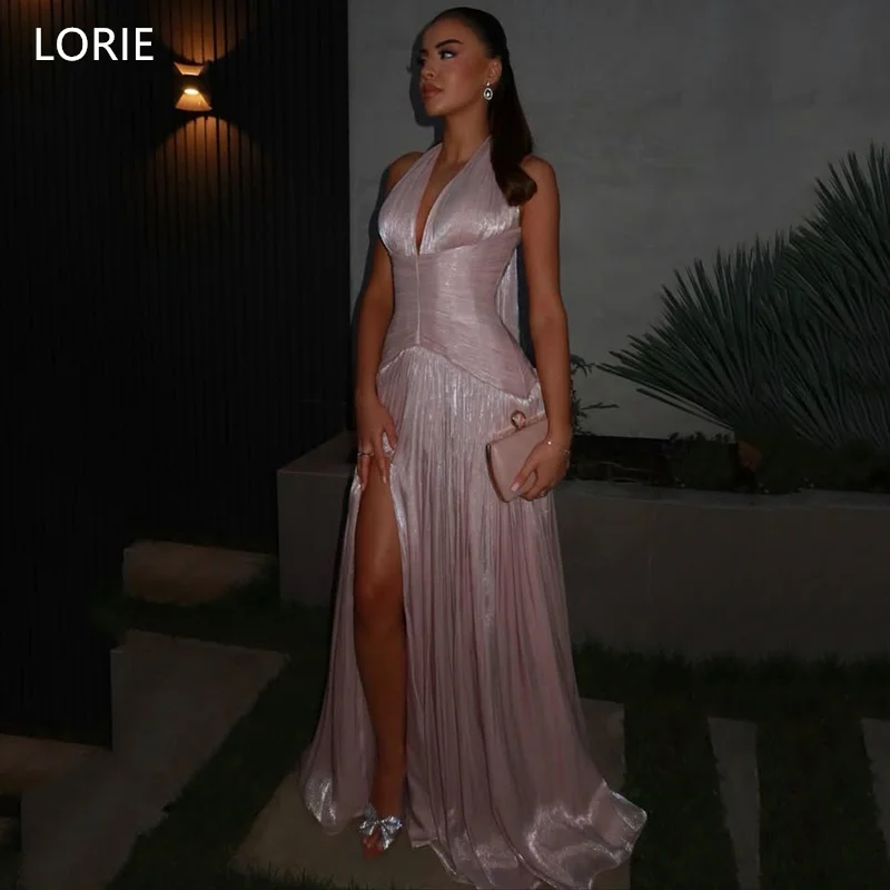 

LORIE Elegant Halter Evening Dress Sxey Side Slit Draped Tulle Party Dresses Pleats Formal Lace UP Prom Gowns Customized