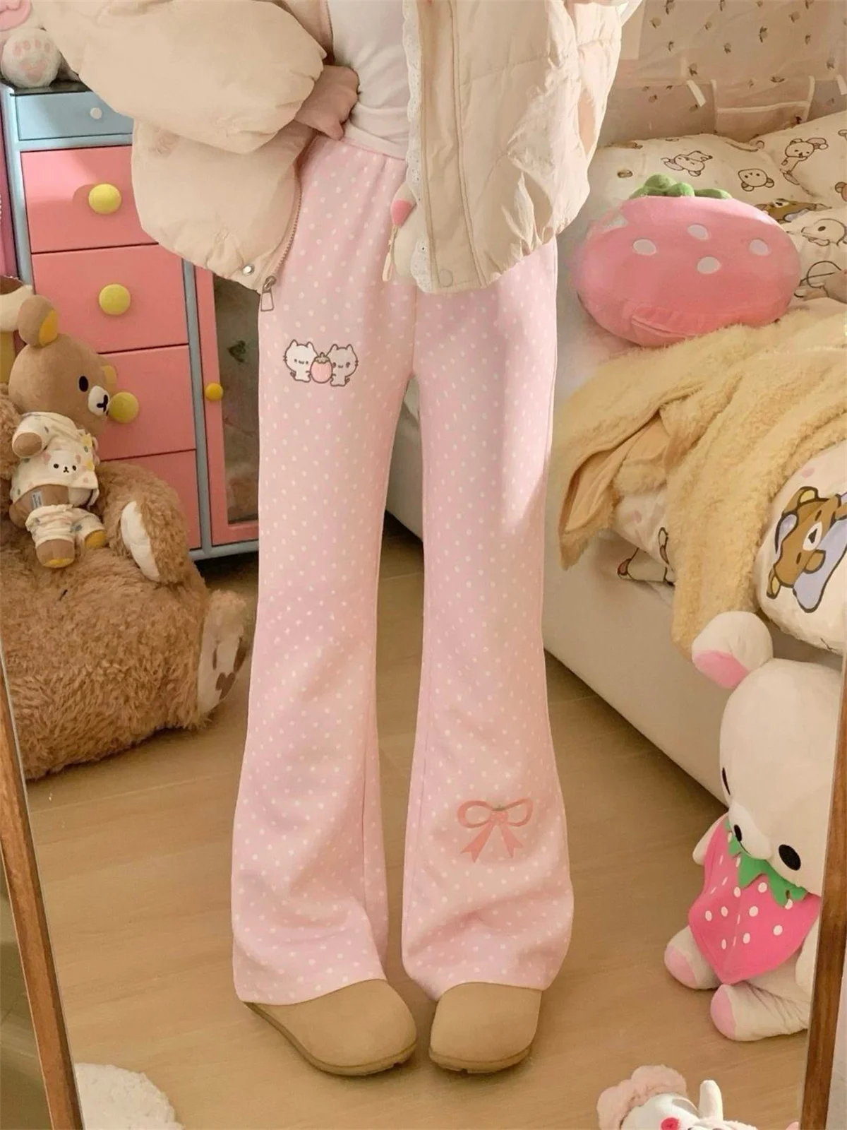 Herbst-Design Schlanke Elastische Taille Schlaghose Kawaii Süße Polka-Dot Dünne Bestickte Hose Damen Liebliche Hübsche Freizeithose – Detail 4