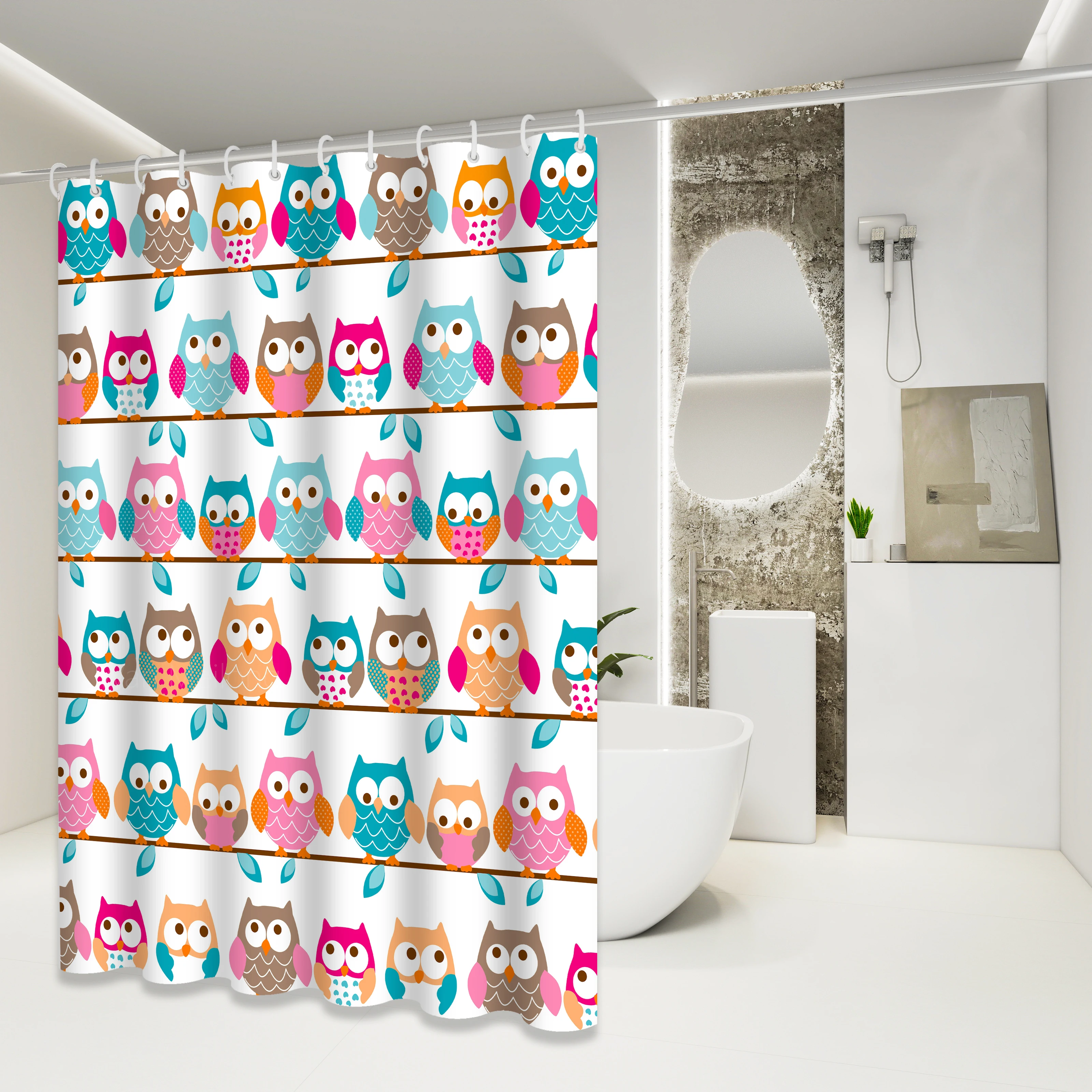 Owl Pattern Shower Curtain with Fun Animal Elements Design to Enhance the Bathroom Space, Shower Partition Curtain