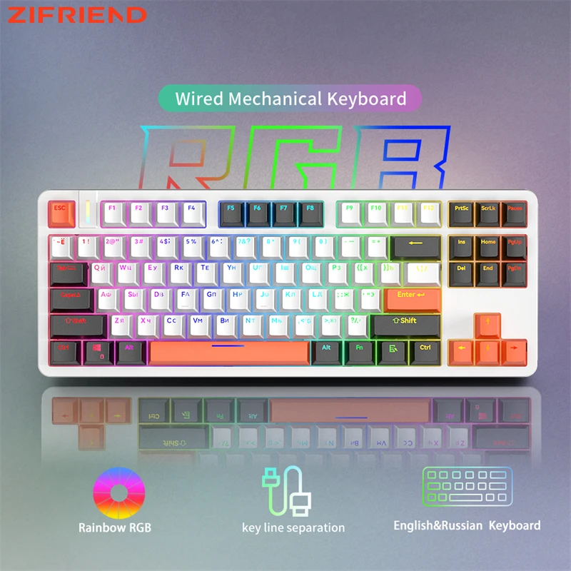 teclado com fio mecanico teclado hot swap rainbow rgb para gamer teclas pbt 87 chaves zifriend x87 01