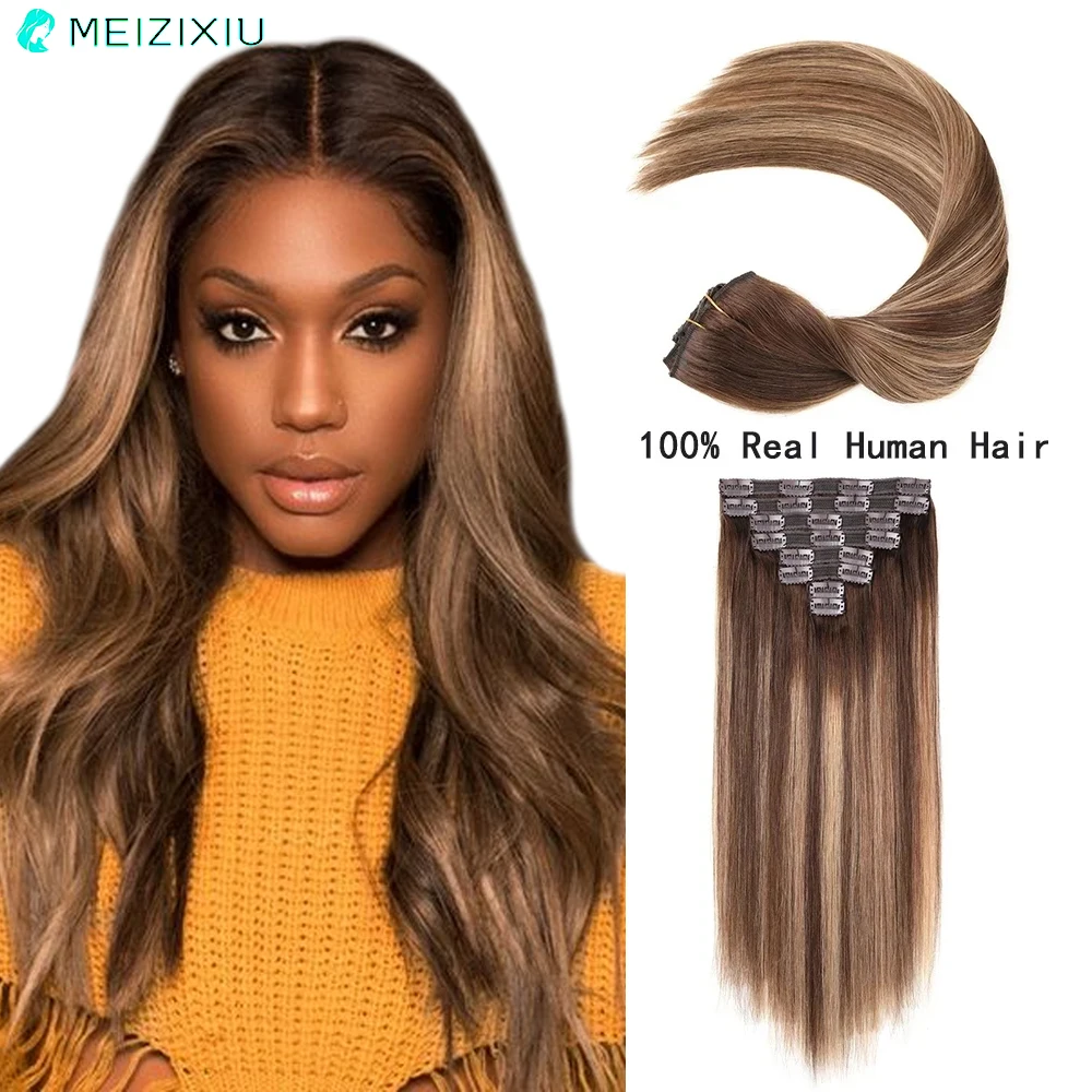 

Clip In Human Hair Extensions Add Hair Lace Full Head Double Weft 8PCS Brazi Straight Clip In Hair Extension for Women Highlight