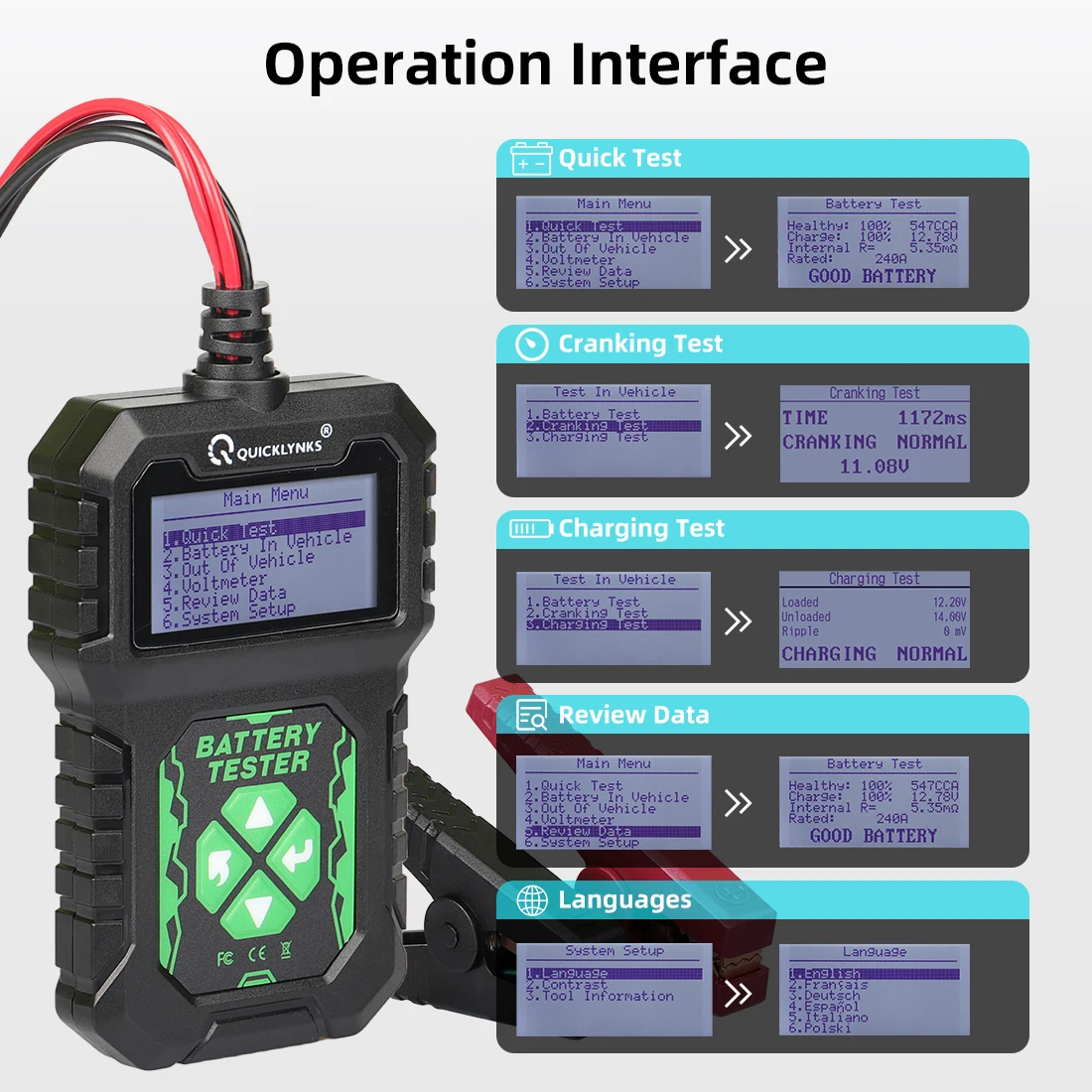 QUICKLYNKS BA107 Car Battery Tester 12V 100-2000CCA Cranking Charging System Tester Auto Battery Analyzer Battery Tools PK KW208