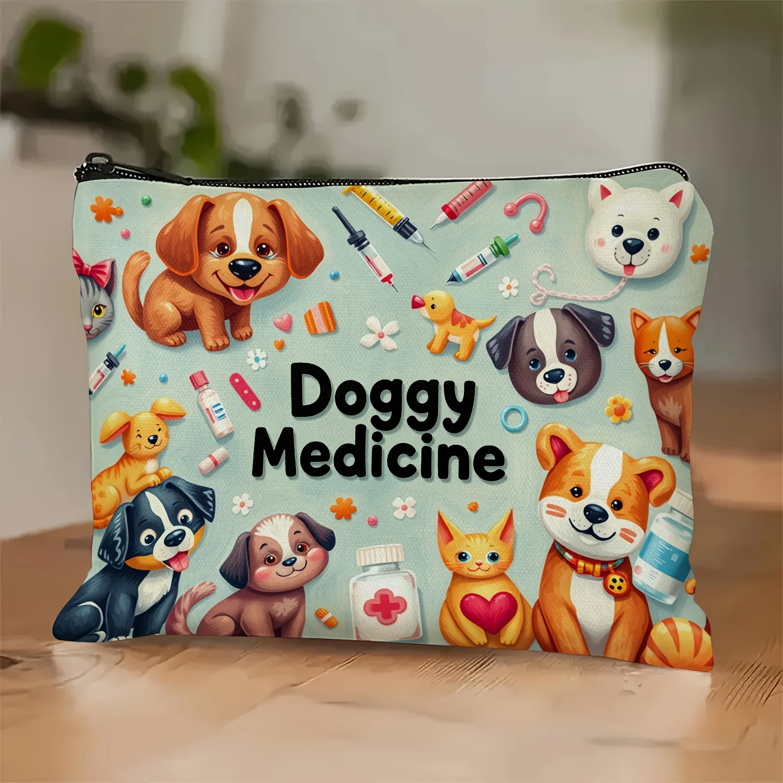 1Pc Cute Puppy Pet Medical Retro Design Multifunctional Travel Makeup Bag, Snack Storage Bag, Stationery Storage Bag, Fashionable Toiletry Bag, Canvas Double-Sided Printed Zipper Pouch