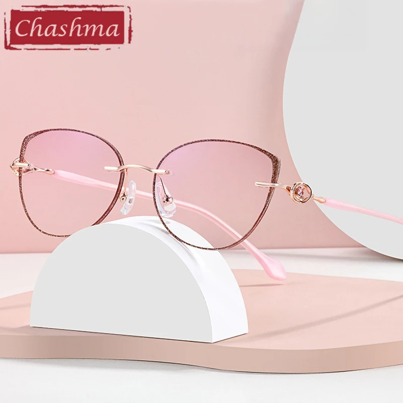 

Chashma Prescription Glasses Fashion Cat Eye Women Titanium Eyeglasses Diamond Trim Rimless Eyewear for Tint Color Recipe Lenses