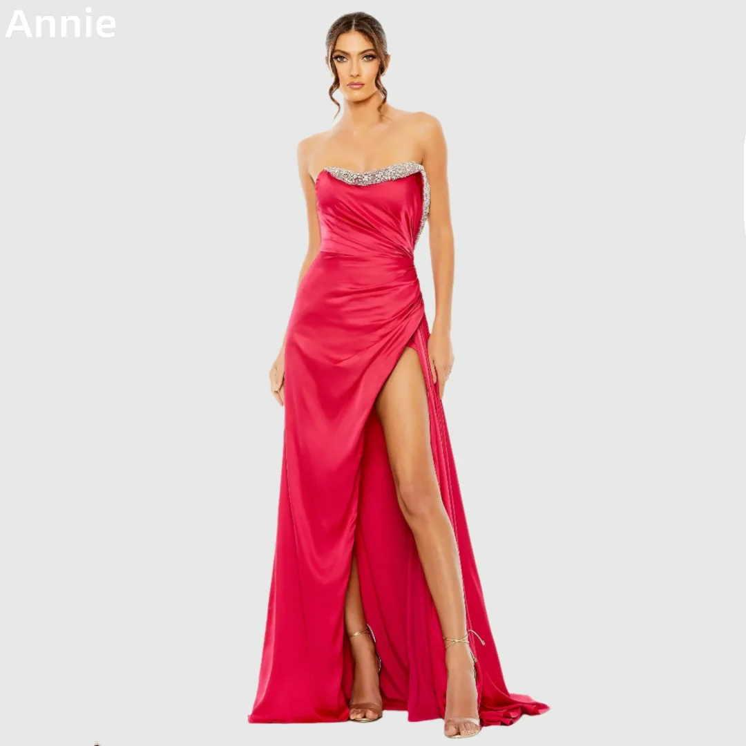 

Annie Glitter Sequin Beads Prom Dresses Red Crinkled Satin Evening Dresse Off-shoulder Side Slits Party Dresses فساتين سهرة