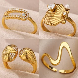 Geometric Moving Zircon Beads Rings for Women Stainless Steel Gold Color Shell Ring Aesthetic Wedding Jewelry Christmas Gift