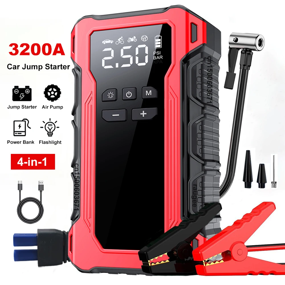 Avviatore di emergenza per auto 3200A con compressore d'aria, avviatore per batteria auto 12V, booster di emergenza portatile per auto, pompa d'aria 150PSI, power bank 4-IN-1, gonfiatore per