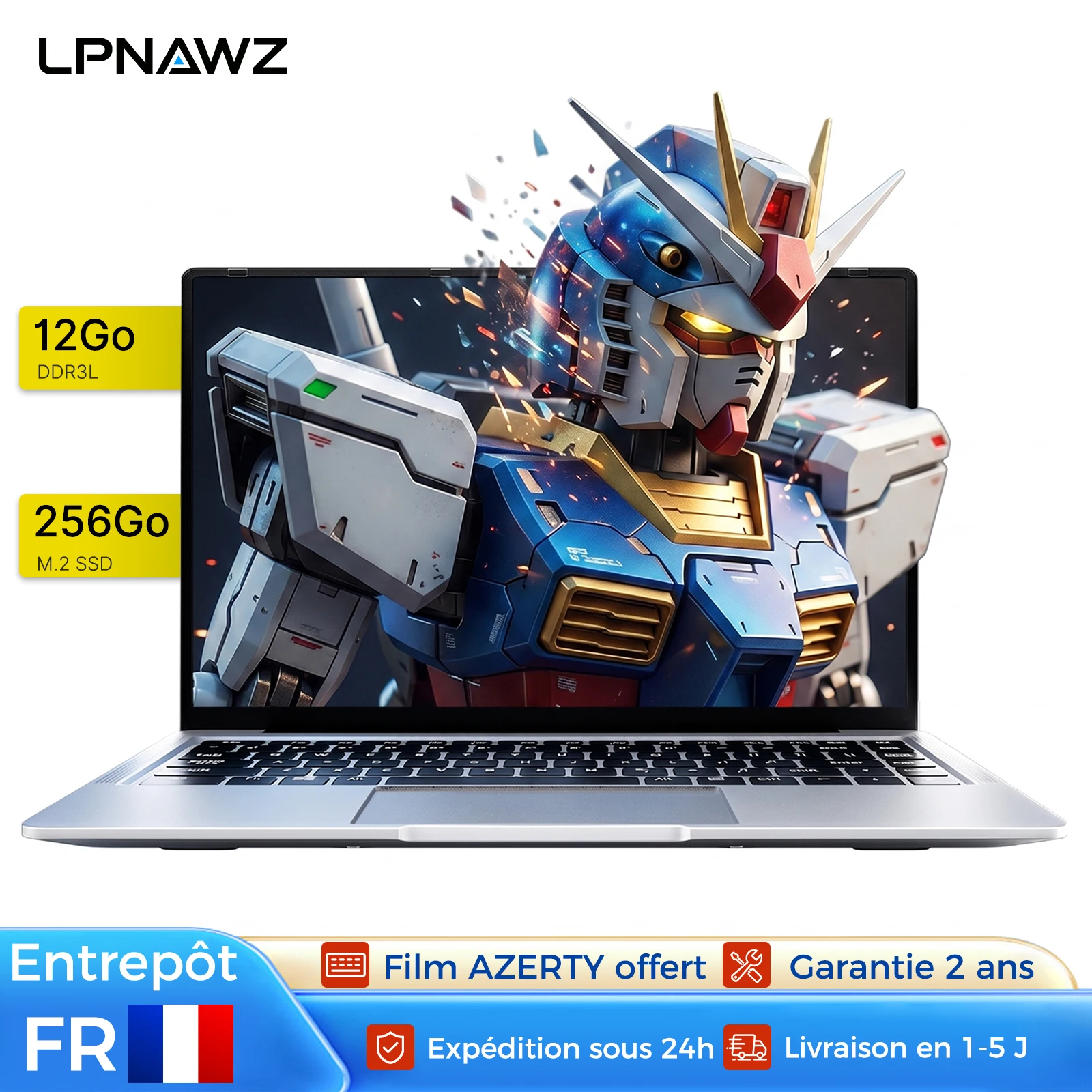 PC Portable 14,1" HD Argenté - Intel N3710, 12Go RAM, 256Go SSD | Windows 11 Préinstallé en Français | Clavier AZERTY (Protection Incluse) | Ordinateur Portable Entrée de Gamme pour Études,