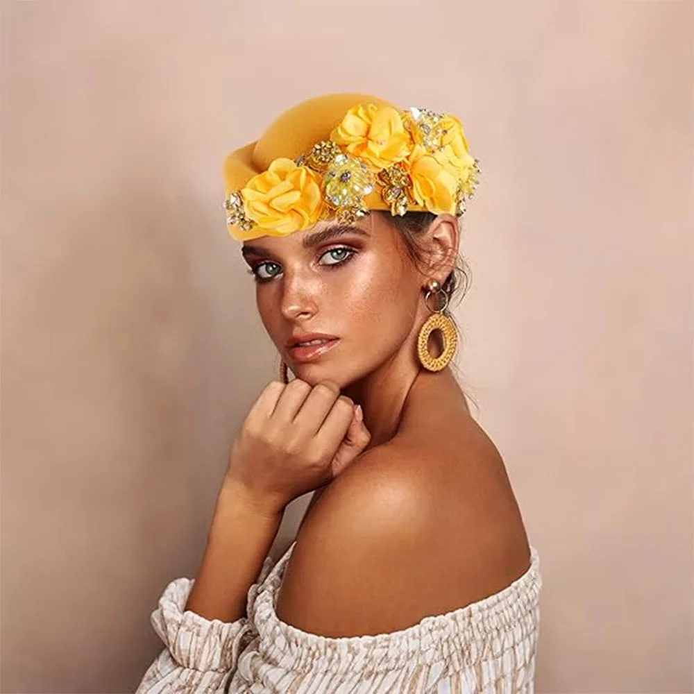 Beret Hats for Women British Felt hat stewardess Church Derby Headdress Women's Floral hat Suitable for Wedding Parties Events