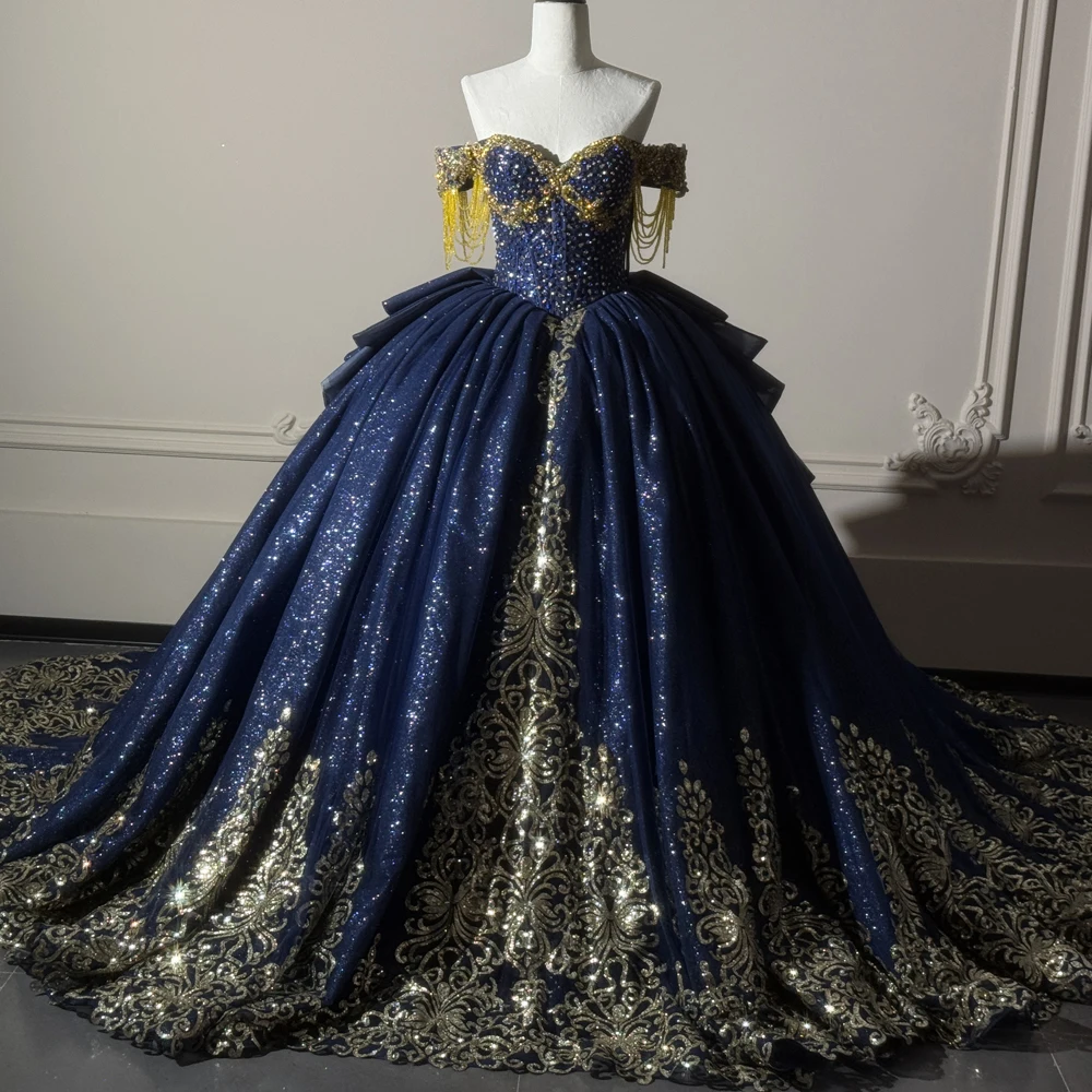 

Navy Blue Golden Lace Beading Quinceanera Dress Off The Shoulder With Tassel Ball Gown Vestido De Debutante 15 Anos