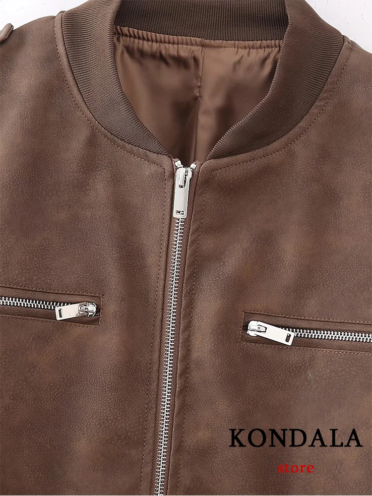 KONDALA Chic Casual High Street Solid Brown Women Jacket Fashion 2023 Autumn Faux Leather Long Sleeve Zipper Streetwear Outwear