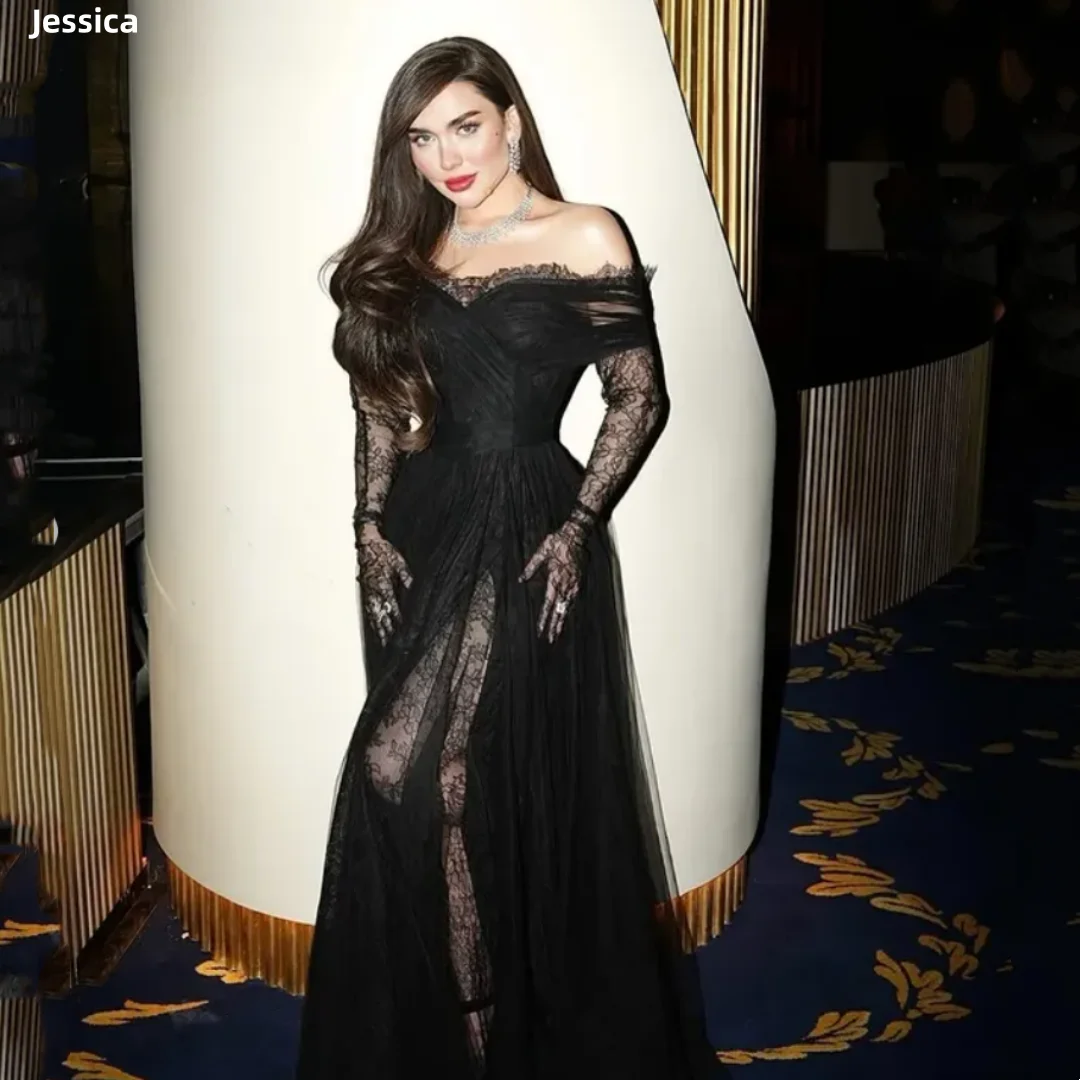 

Jessica Lace Embroidery Evening Dresses Tulle Black Prom Dresses Sexy Off-shoulder Elegant lady Vestidos De Gala Customized