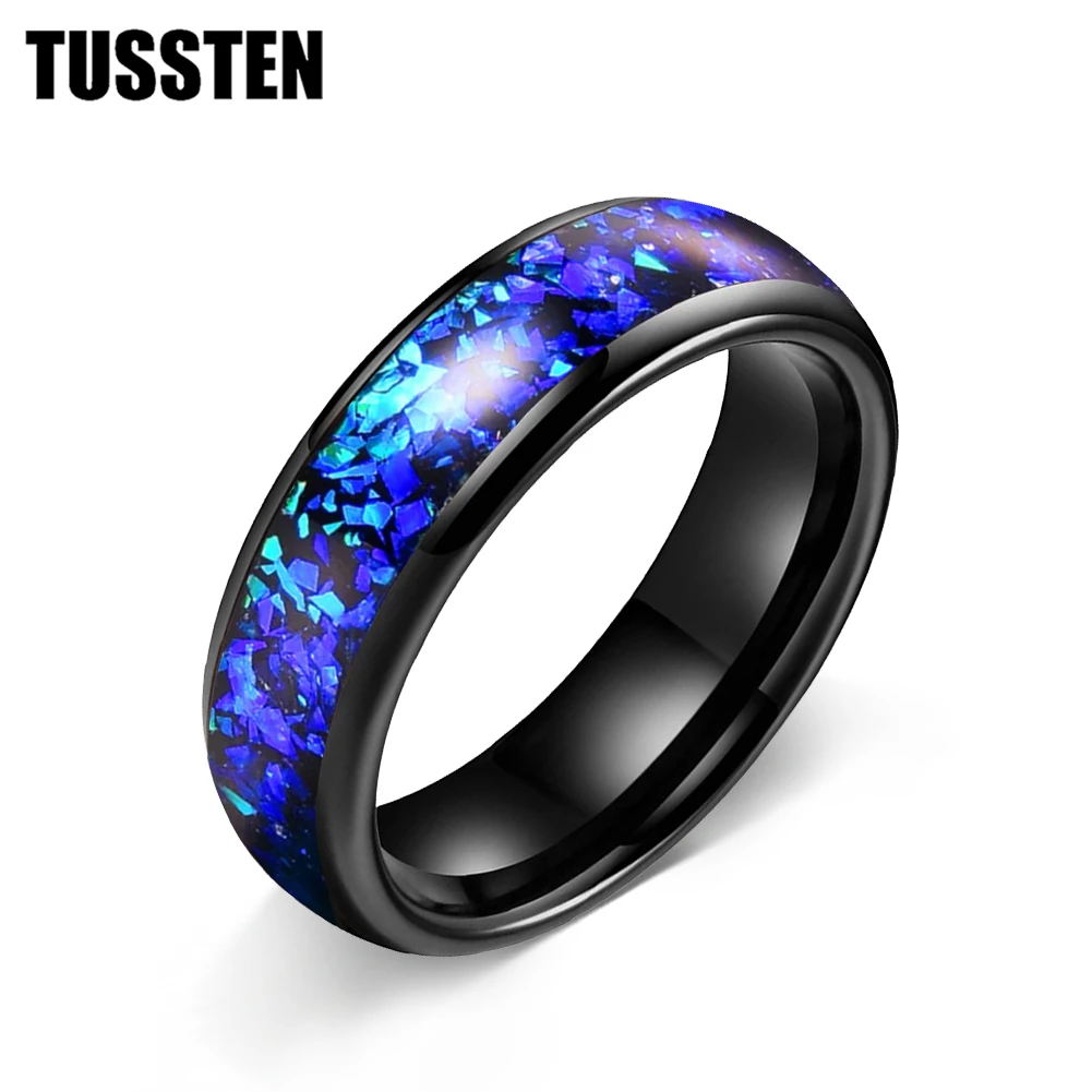 TUSSTEN 남성용 및 여성용 4/6/8mm 텅스텐 카바이드 결혼 반지 빛나는 파란색 조각 약혼 밴드 돔형 광택 반짝임