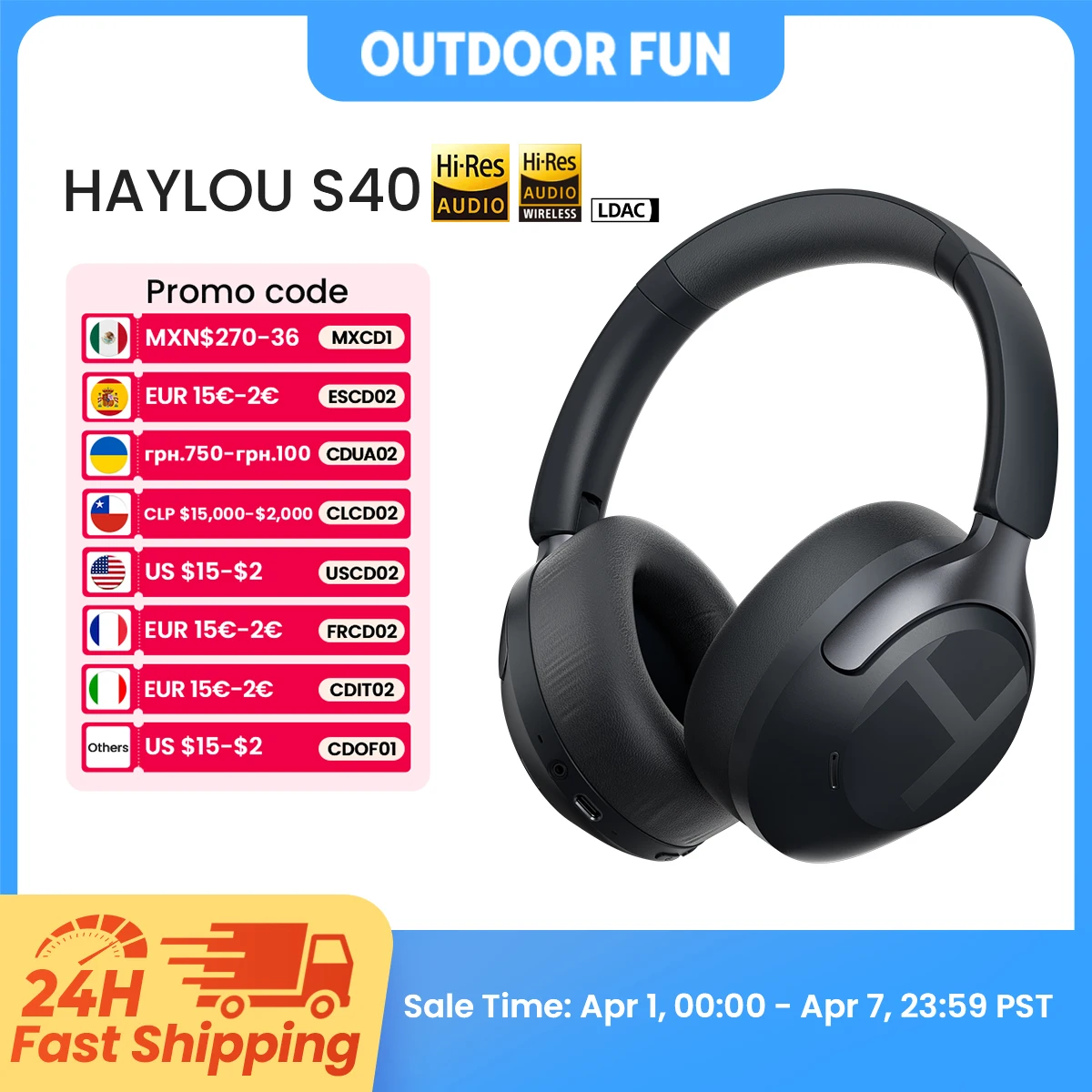 Auriculares Inalámbricos HAYLOU S40 ANC con Cancelación de Ruido de 50dB, Audio Espacial 3D de Alta Resolución, con LDAC Bluetooth 6.0, Auriculares Over-Ear