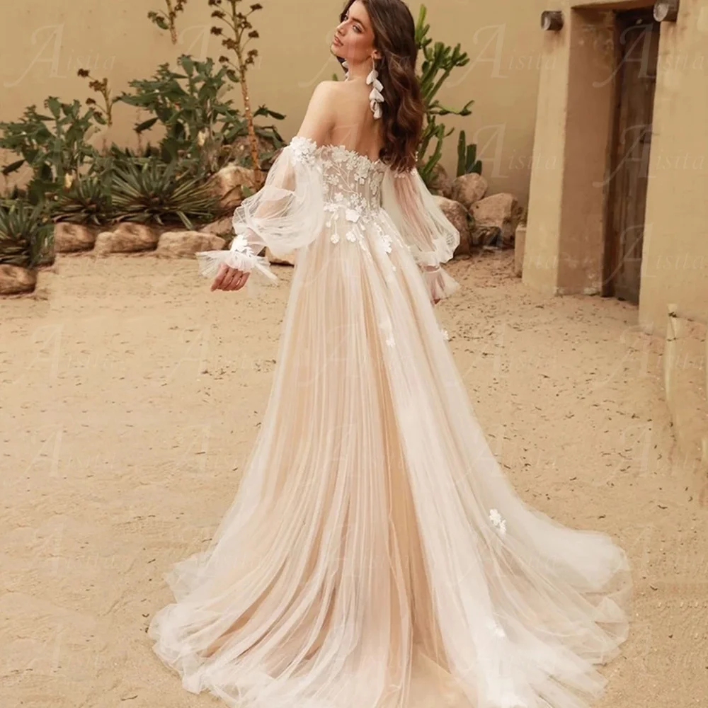 Abiti da sposa personalizzati con scollo a cuore Maniche lunghe a sbuffo Abito da sposa a-line Applicazioni in pizzo Sweep Train senza schienale Abiti da sposa