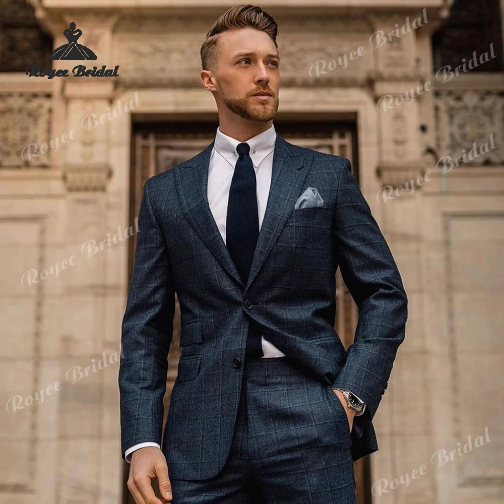 Plaid Checked Two Piece Men's Suit Wedding 2026 Peak Lapel Single Breasted Evening Prom Suit Customized trajes para hombre