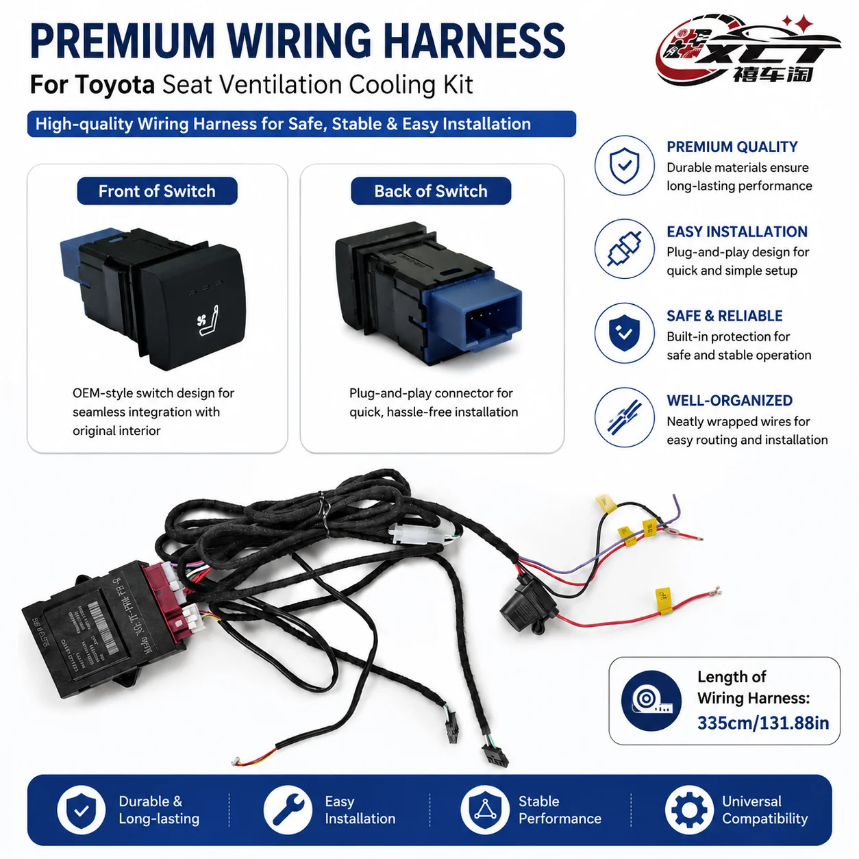 For Toyota Ventilated Seat Retrofit Kit 12V Cooling Seat Upgrade 3-Level Adjustable Switch Wiring Harness Fit 1 Seat