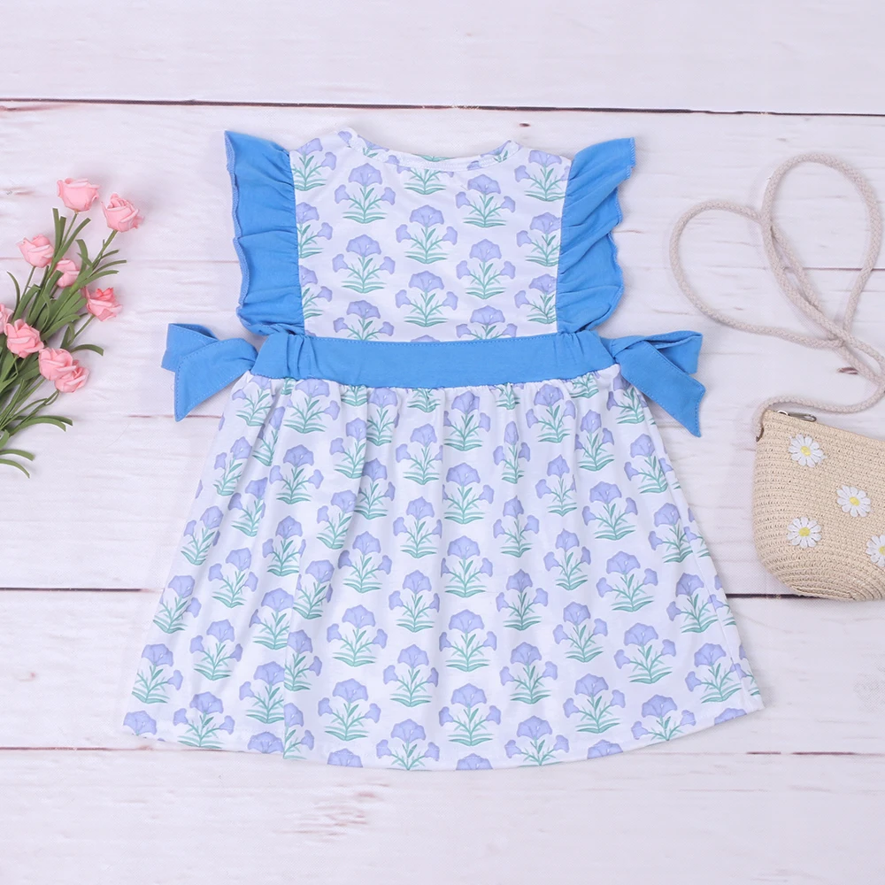 2023 New Exquisite Summer Pure Cotton Sleeveless Dress Floral embroidery Bow Decoration Girl Skirt Blue Printing Clothes