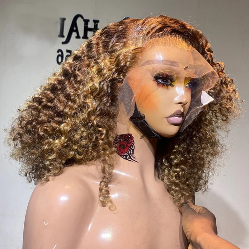 Curly Bob Wig Human Hair 13x4 HD Lace Wigs Human Hair 14inch Curly Bob Wig Human Hair Pre Plucked 220 Density Highlight 13x4 4/27# HD Lace Frontal Honey Blonde Colored Wig