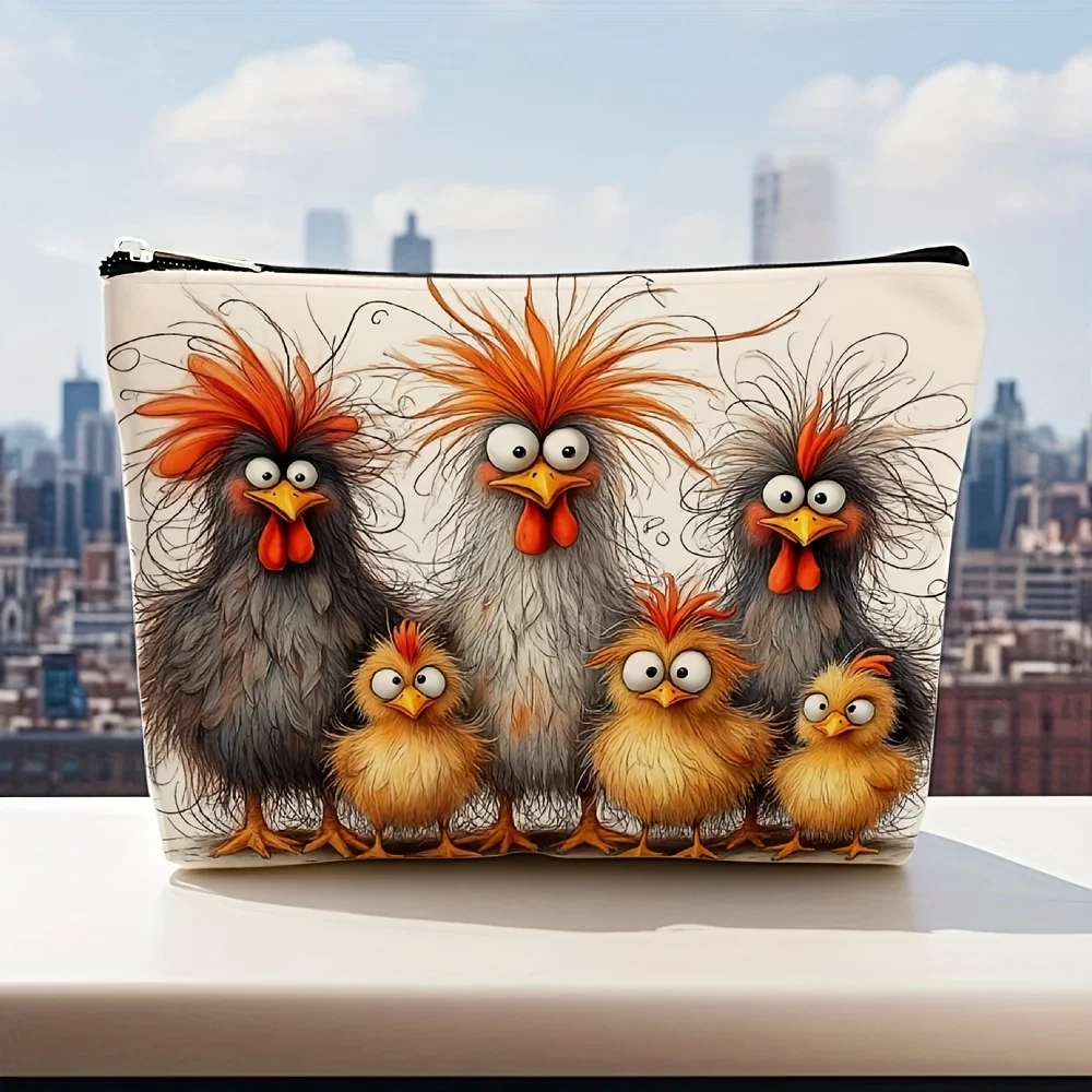 1Pc Fun Cartoon Chicken Family Retro Design Makeup Bag, Snack Storage Bag, Stationery Storage Bag, Canvas Double-Sided Printed Travel Multi-Purpose Bag