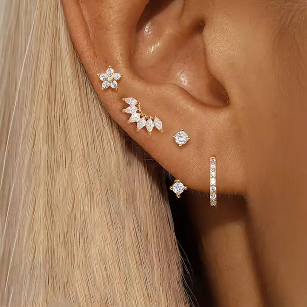 4 Pcs Simple Huggie Hoop Jacket Stud Earrings Set for Women, Gold Color Unique Zircon Flower Stud Earring Piercing Jewelry