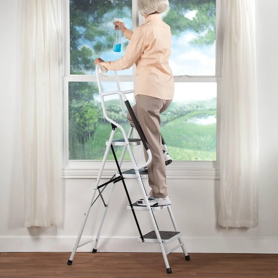 Folding 4-Step Safety Ladder - Heavy Duty Steel, Anti-Slip Treads, Padded Handrails - Space Saving Design - Perfect for Home