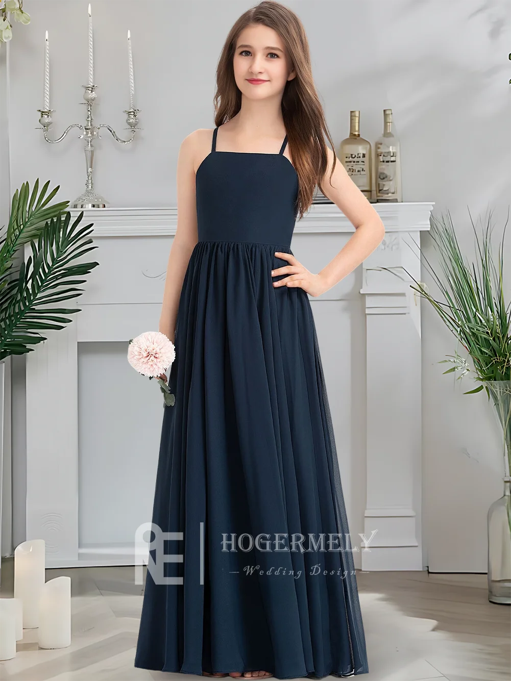 Luxuoso pescoço quadrado júnior vestido de dama de honra meia-noite marinha flor menina vestido até o chão chiffon com arco em cascata casamento