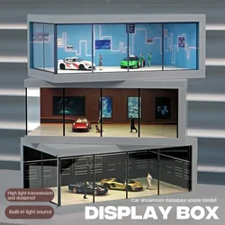 1:64 Garage Showcase Case Backdrop Built in LED Light Collectible Display Showcase for Doll Diecast Car Action Figures Accessory