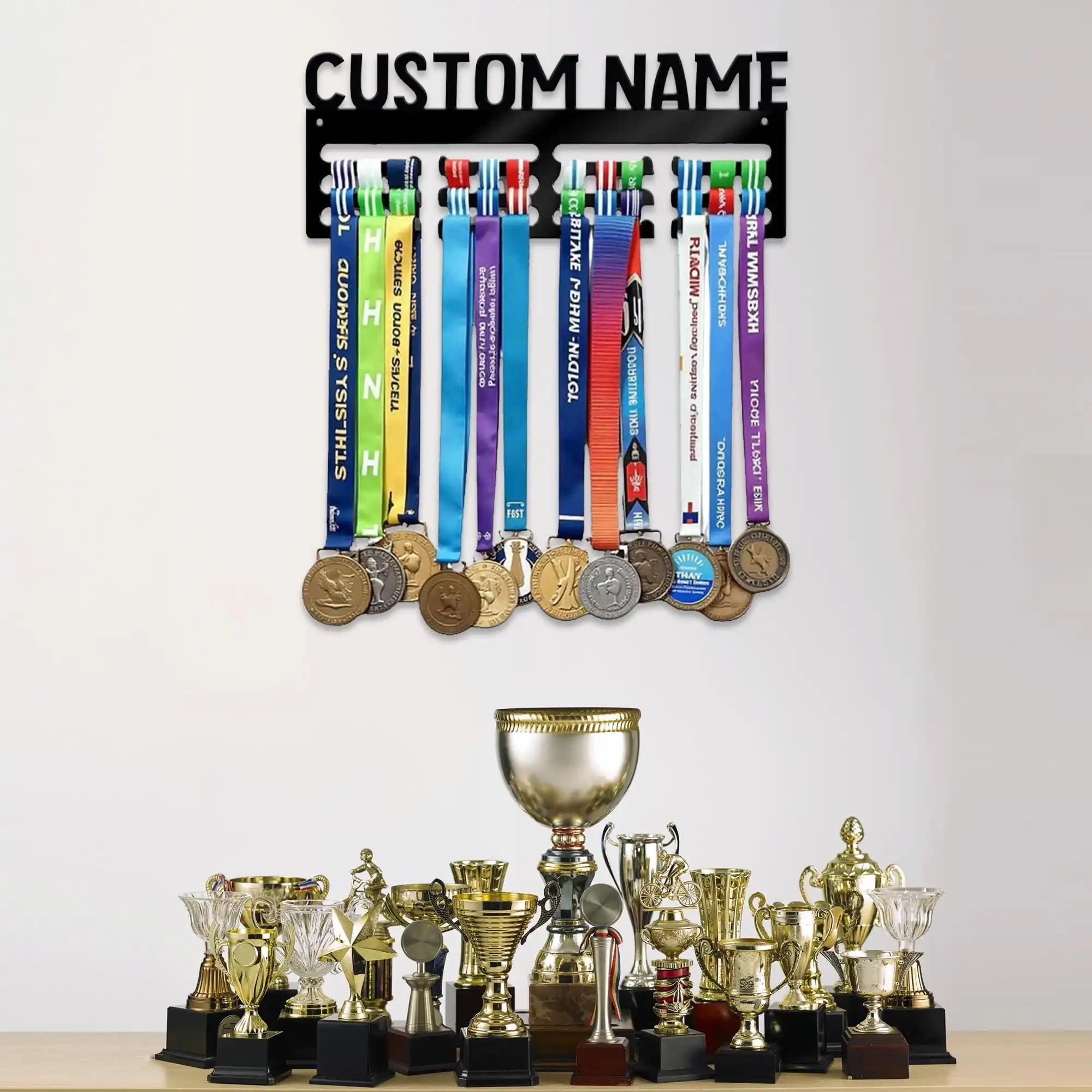 

Custom Name Medal Hanger – Wall Display Rack for Sports Awards & Ribbons with Personalized Header for Athletic Achievement