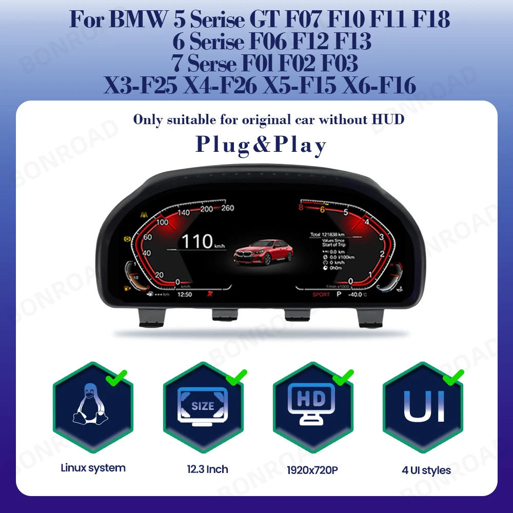 BONROAD LCD Digitale Instrumentenpaneel CarPlay Android Auto Dashboard Panel Voor BMW F10 F11 F18 F12 F13 F01 F02 F25 F26 F15 F16