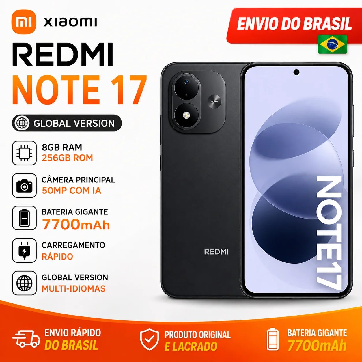 Xiaomi Redmi Note 17 4G Global 256GB 8GB RAM Dual SIM Tela 6.99" - Preto- Bateria 7700 mAh