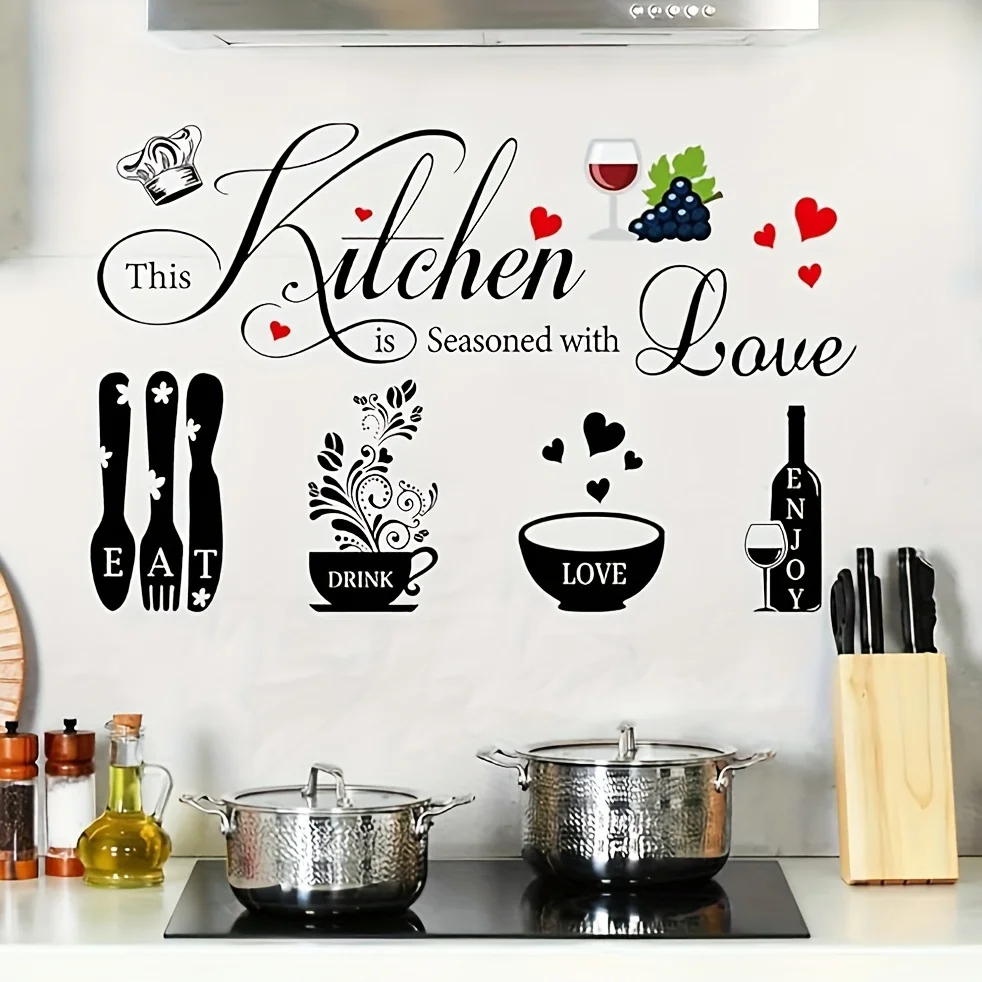 1Pc Love Kitchen, Kitchen Utensils, Love and Food Wall Stickers, Self-Adhesive Pvc Home Decor DIY Stickers, Suitable for Cabinets, Kitchens, Dining Rooms, Entryways, Doors and Windows, and Wall Decals, Easily Create a Warm and Fun Space, a Creative and Thoughtful Gift for Family, Friends, and Loved Ones