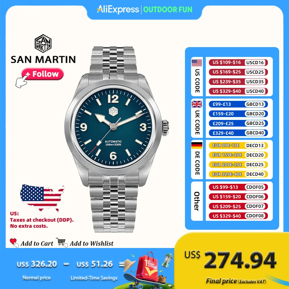 

Мужские часы San Martin PT5000 38 мм, часы для скалолазания, спорта, парные наручные часы, автоматические механические светящиеся водонепроницаемые 100 м SN0107