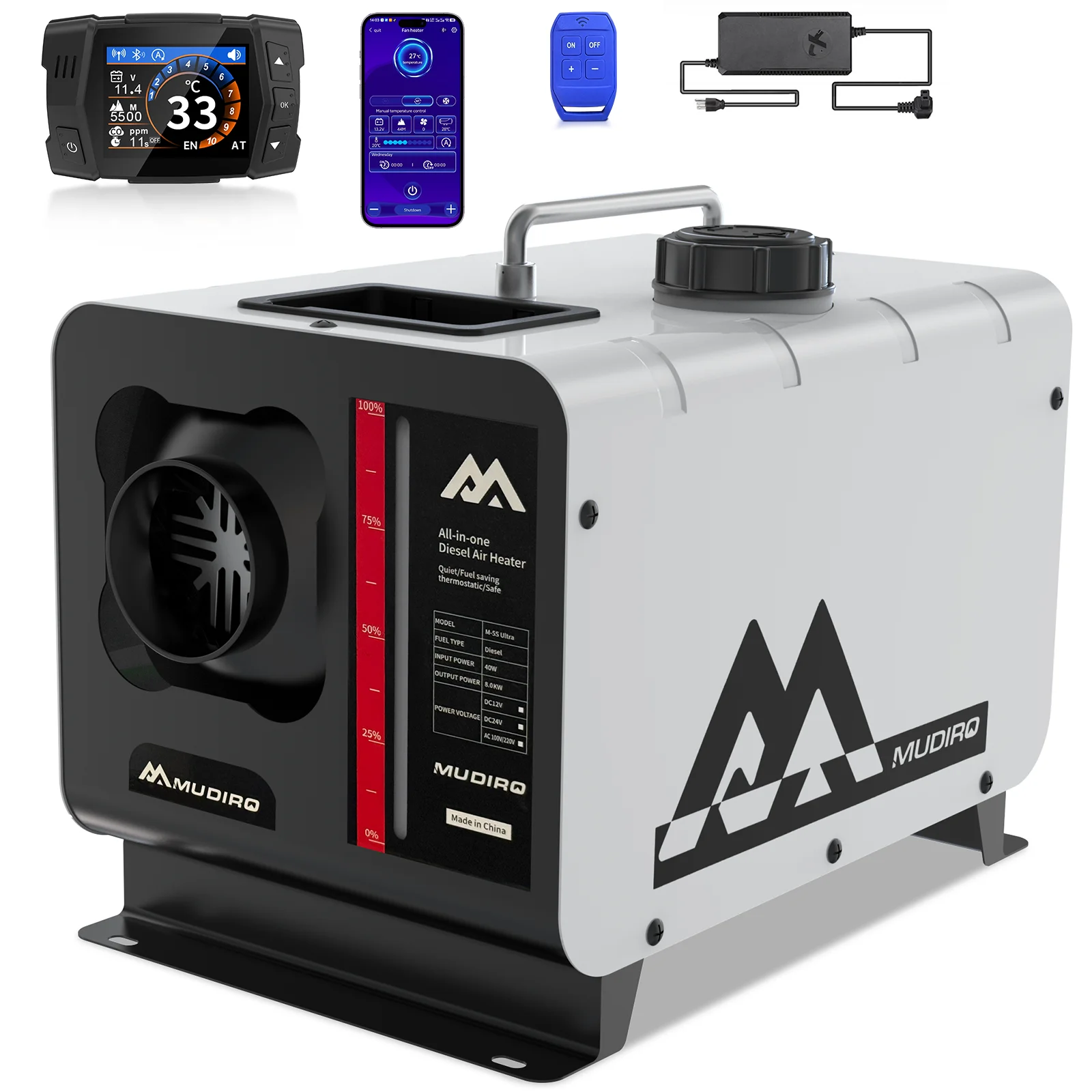 Calentador diésel Mudiro 12V/24V/240V 8KW con protección de CO (apagado automático y alarma), termostato, pantalla TFT para camping, RV, tienda de campaña