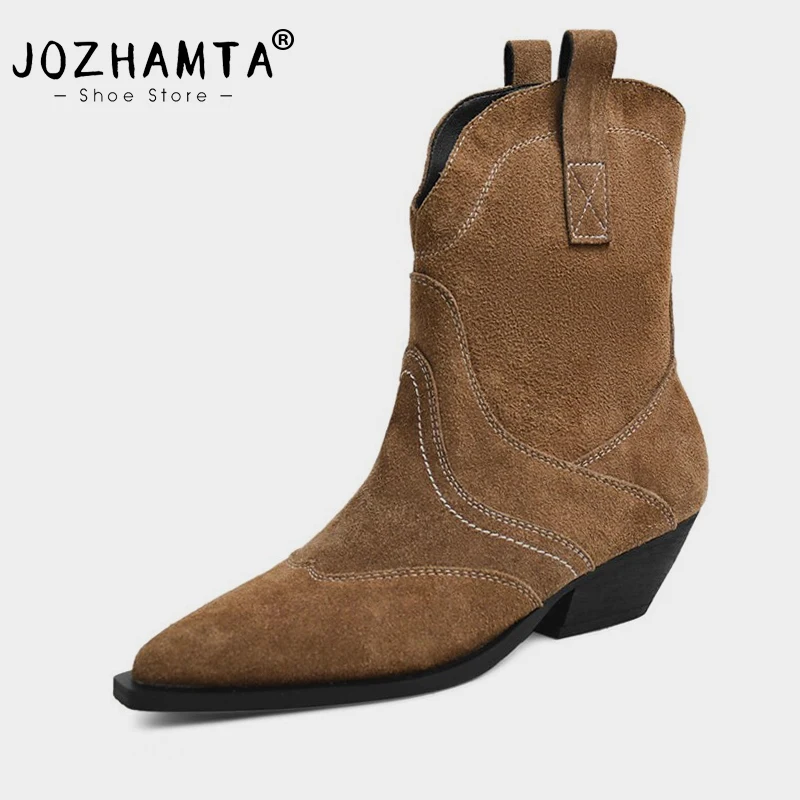 

JOZHAMTA Size 34-39 Western Cowboy Boots For Women Genuine Leather Suede Ankle Boots Chunky Heels Winter Shoes Woman Booties